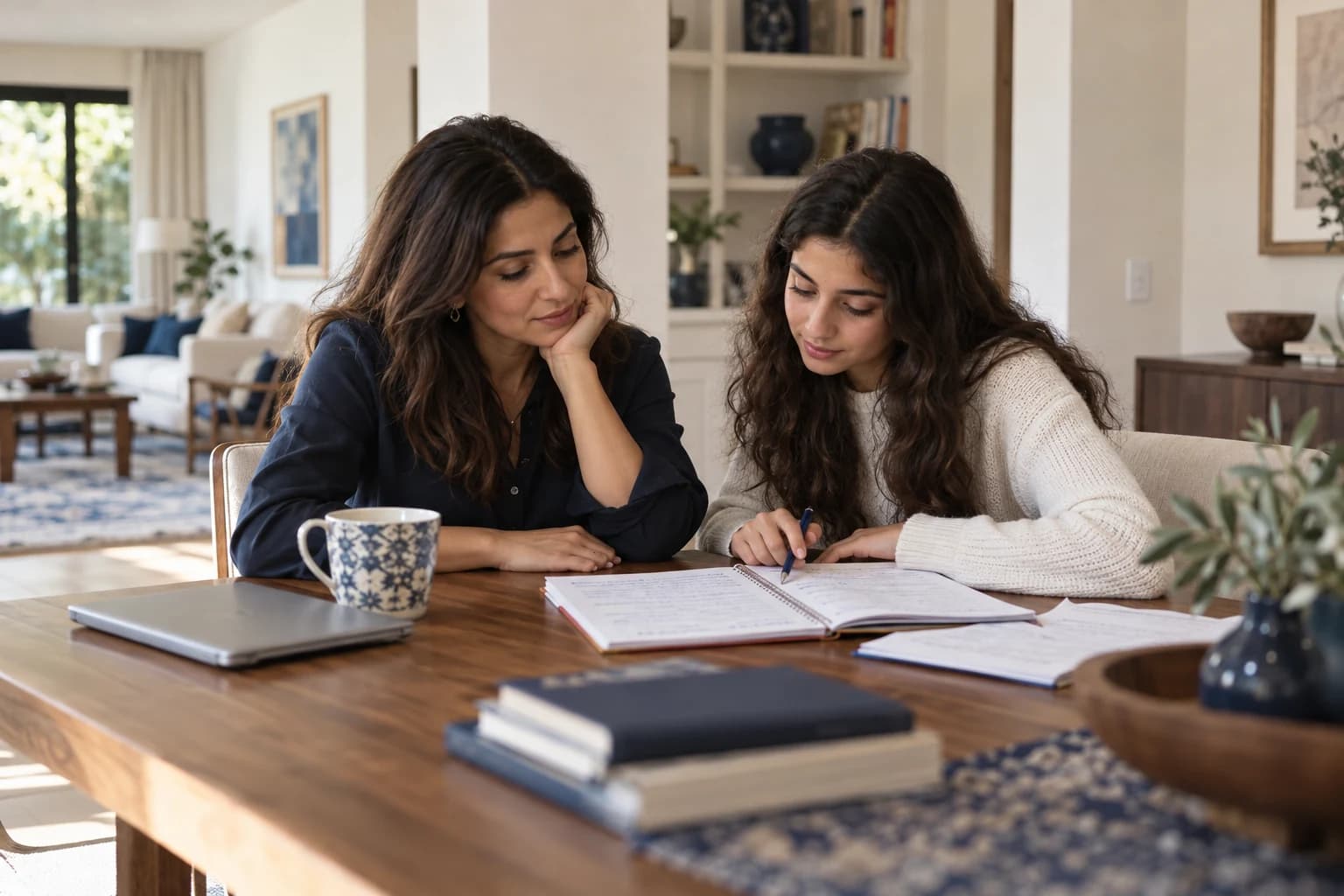 Editorial image of a parent and daughter reviewing a lesson